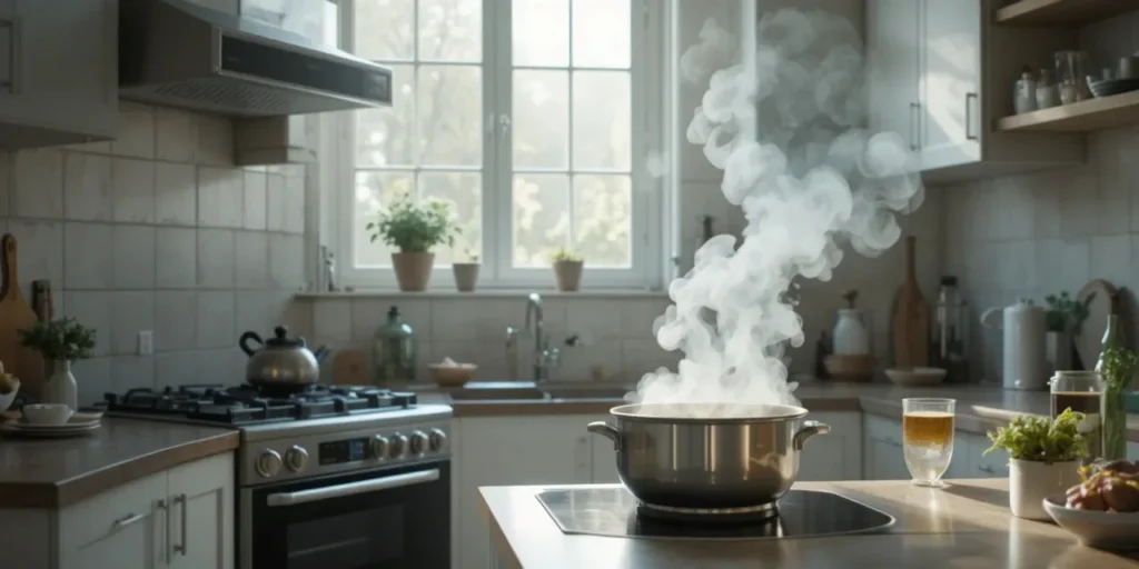 김이 나는 냄비로 습도를 높이는 주방 풍경