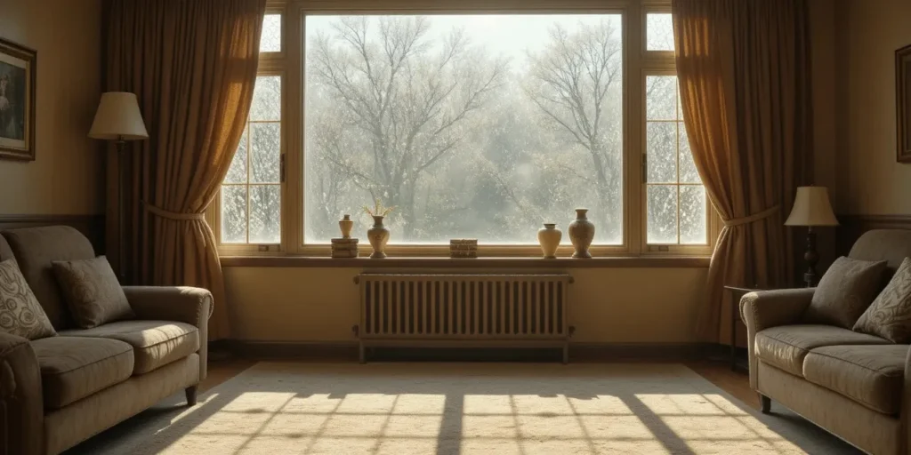 습기 찬 창문과 햇살 비치는 거실 모습