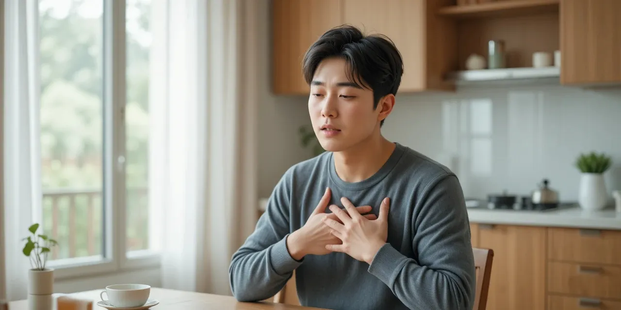 식사 중 가슴 답답함을 느끼는 성인 남성의 모습