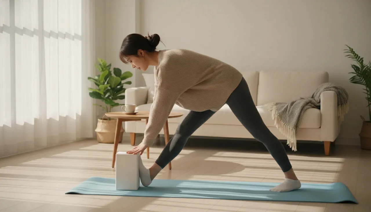 요가매트 위에서 종아리를 스트레칭하는 여성의 모습