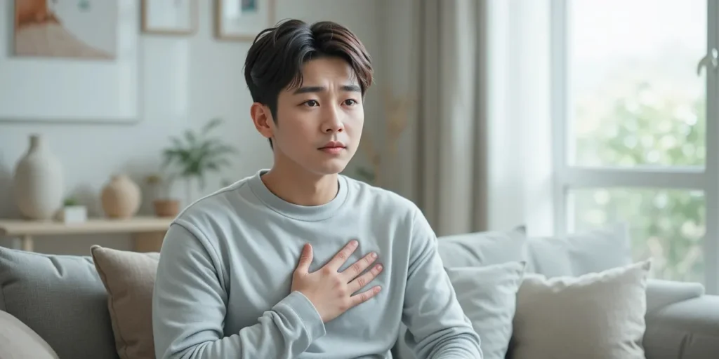 가슴 통증으로 불안해 하는 남성의 모습