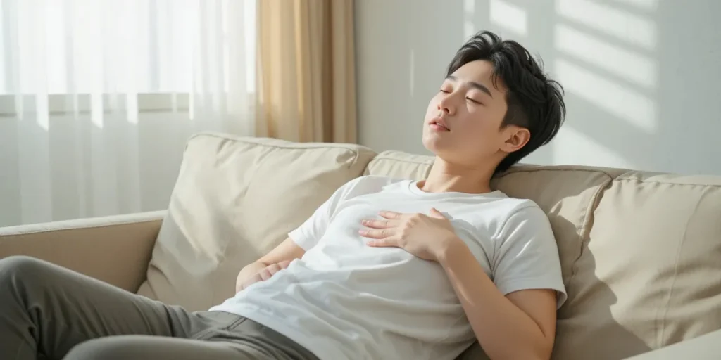 소파에서 가슴 통증을 가라앉히는 모습
