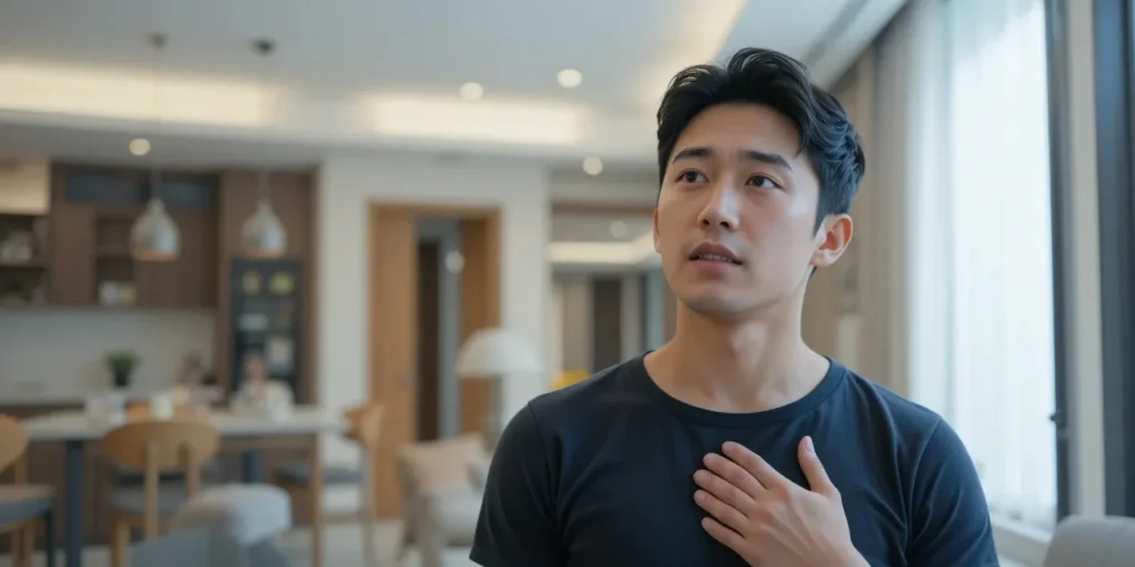 불안감과 함께 가슴을 움켜쥔 남성의 모습