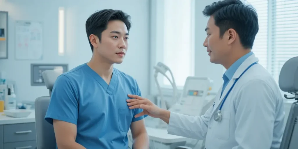 전문가와 가슴 통증을 상담하는 모습