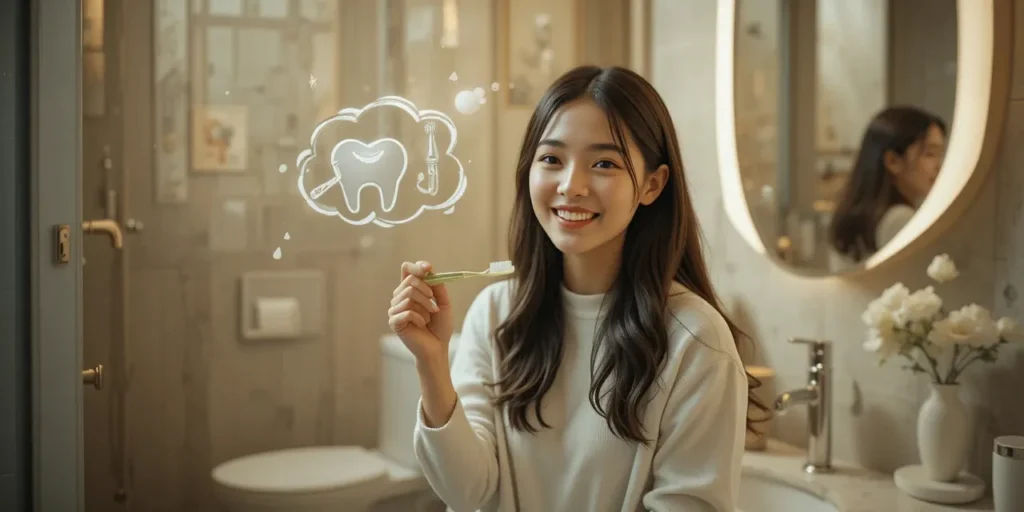 치아 관리 루틴을 보여주고 있는 여성의 모습