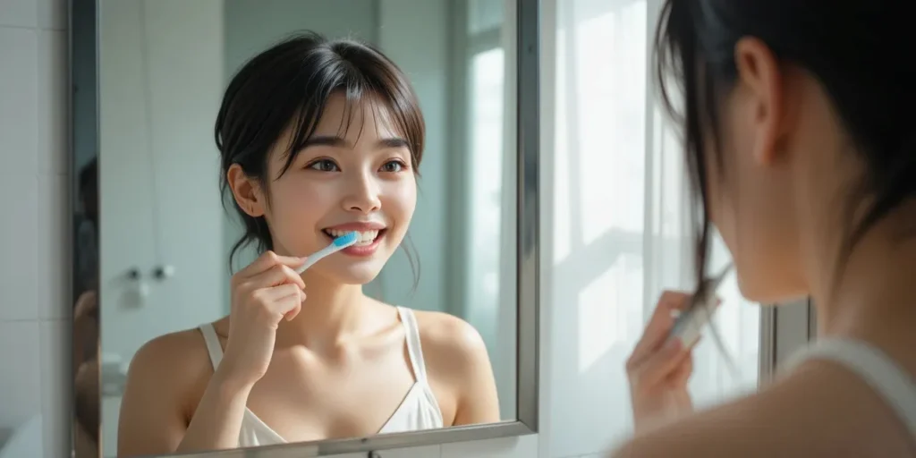 거울 앞에서 양치질을 하고 있는 여성의 모습
