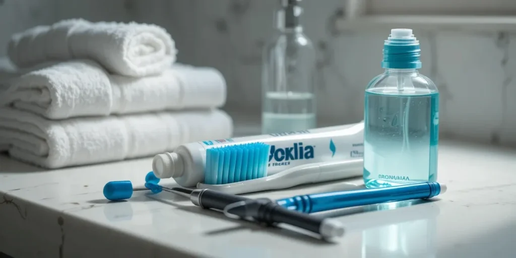 칫솔, 치실, 구강용품이 정리된 모습