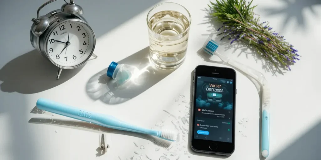 아침 준비 중 치아 관리 루틴에 필요한 아이템 모습