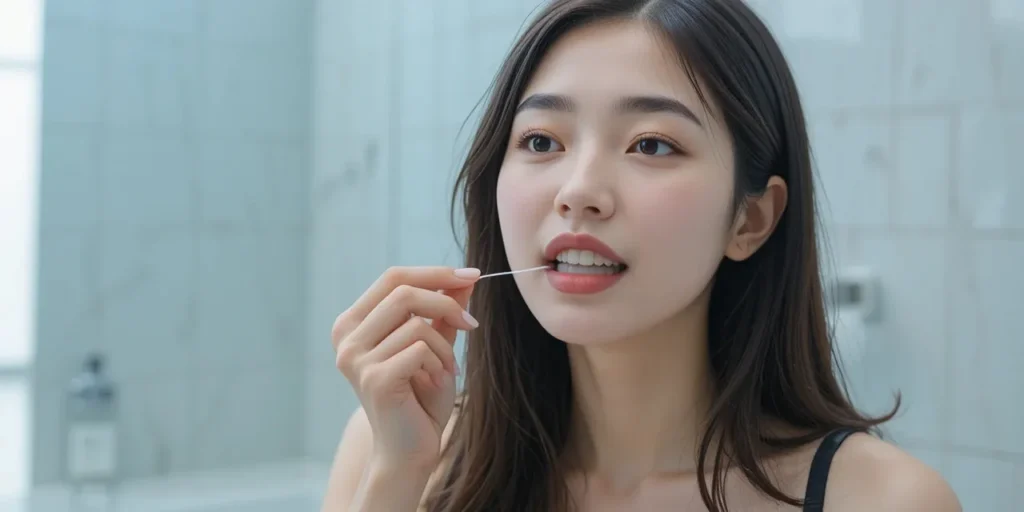 치실 사용하는 여성의 클로즈업 된 모습