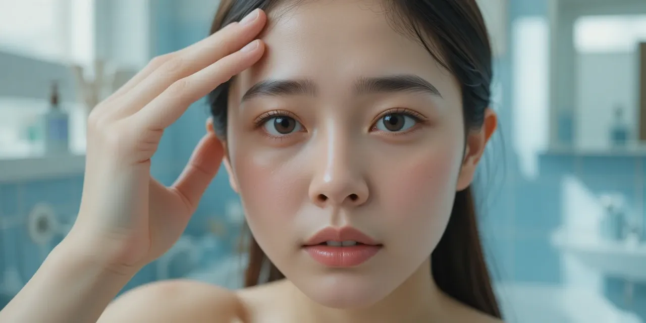 자극받은 이마 피부를 걱정스럽게 만지는 모습