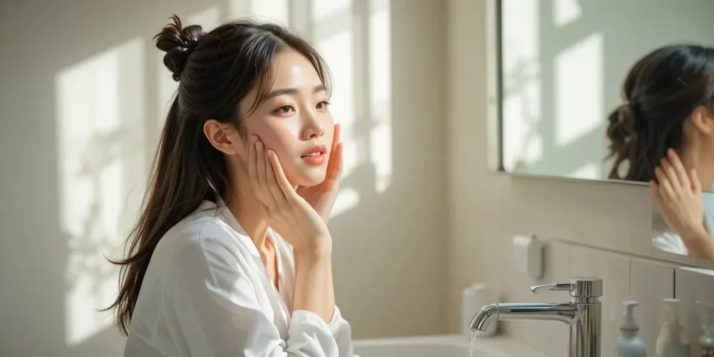 자극 없이 부드럽게 세안하는 여성의 모습