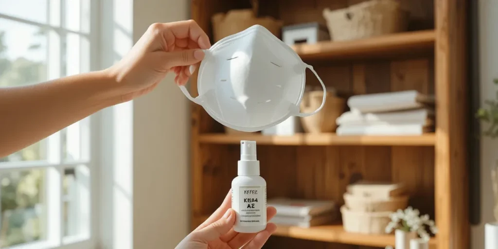 마스크와 진정 스프레이가 함께 있는 모습