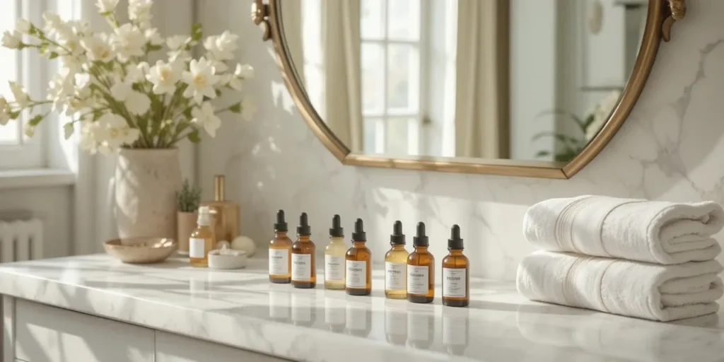 실내 조명 아래 피부 진정 제품이 정리된 모습