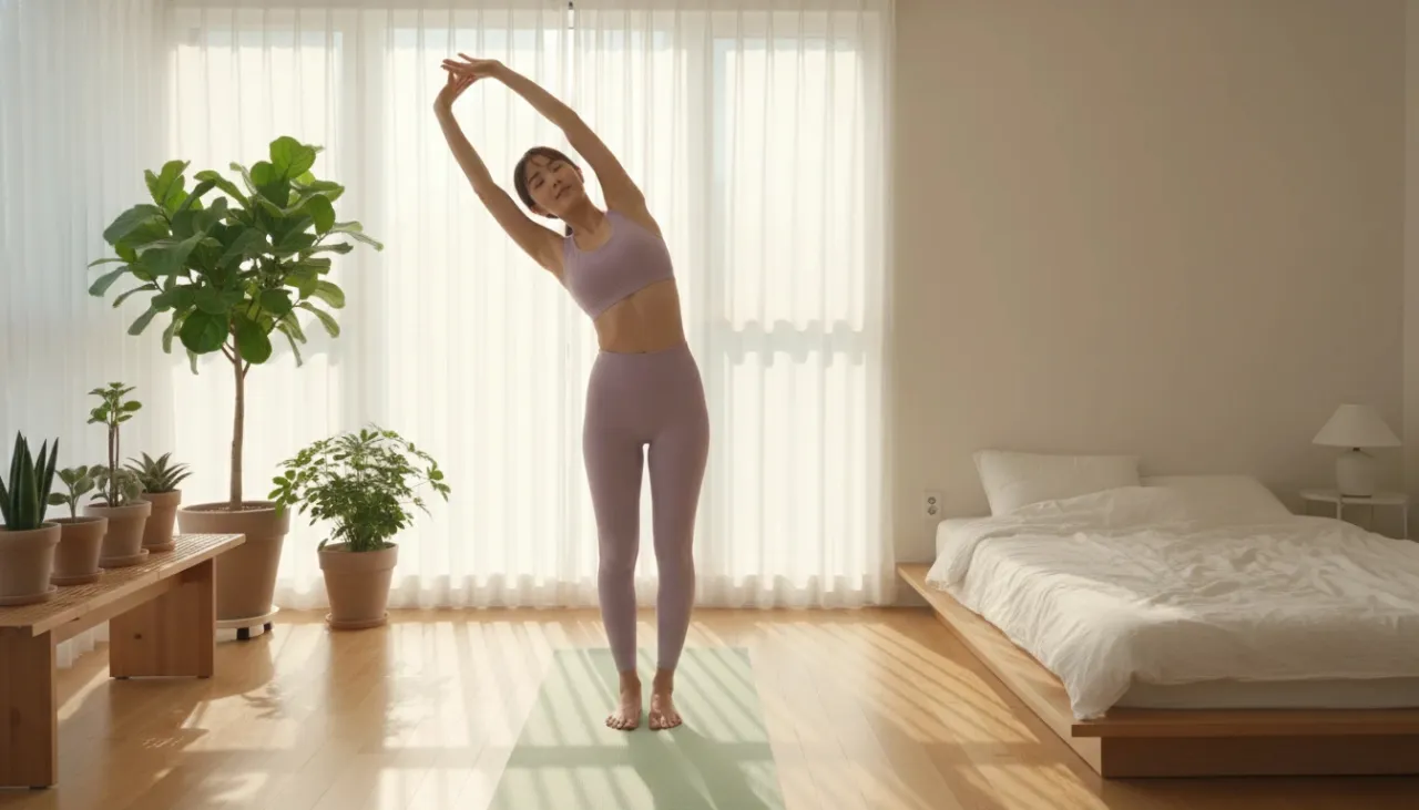 요가매트 위에서 아침 스트레칭하는 여성의 모습