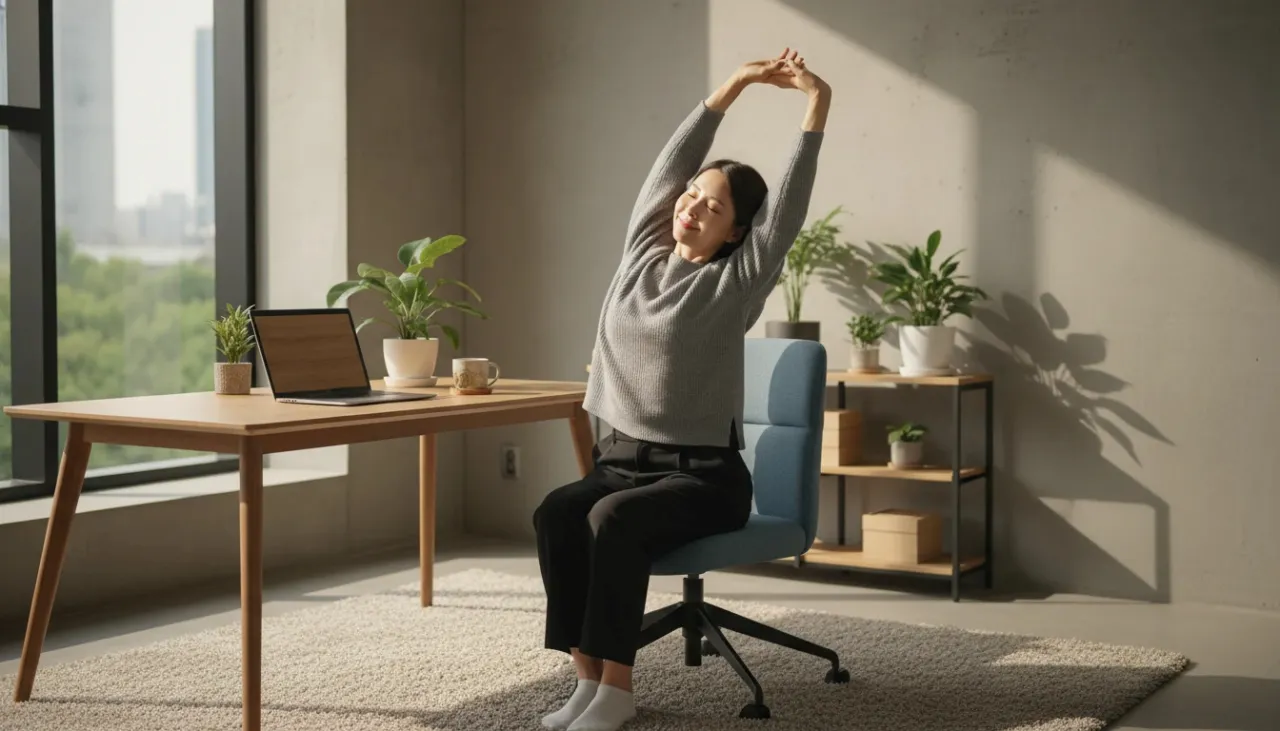 의자에 앉아 전신을 스트레칭하는 여성의 모습