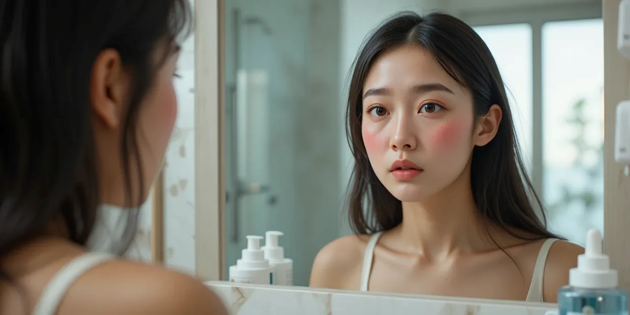 아침에 피부 트러블로 걱정하는 여성의 모습