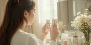 자외선 차단제를 손에 들고 비교하는 여성의 모습