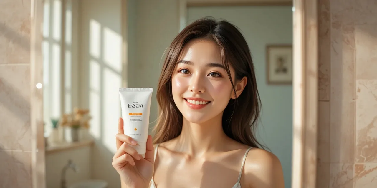 선크림을 들고 거울 앞에서 웃는 여성 모습