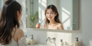 거울 앞에서 양치 중인 여성의 모습