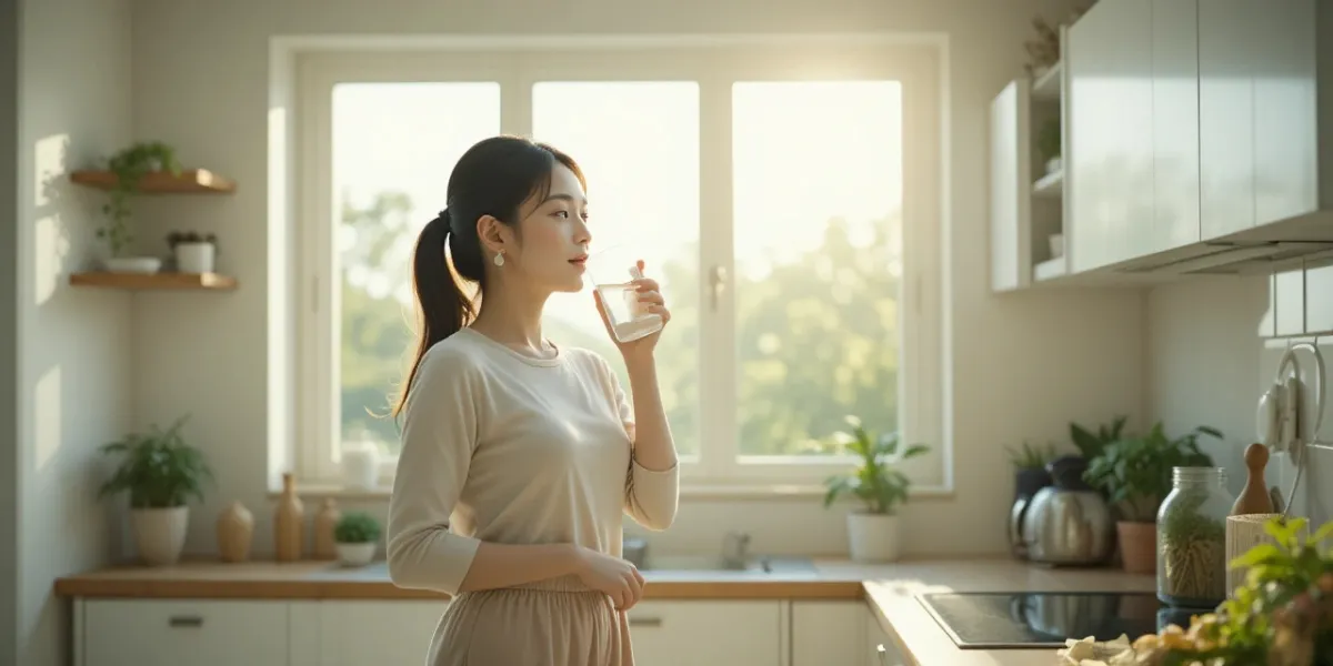 주방에서 아침 햇살을 받으며 물을 마시는 여성의 모습
