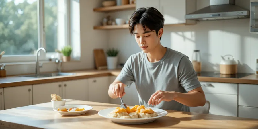 운동 전후 식단 구성을 한눈에 보여주는 남성의 모습