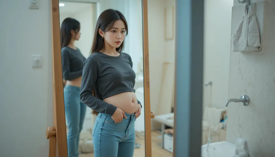 운동해도 뱃살이 빠지지 않아 복부를 확인 중인 여성의 모습