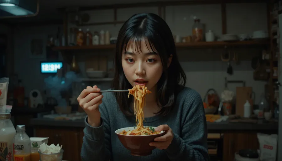 야식 습관으로 늦은 밤 식사하는 모습