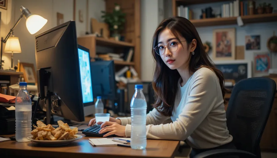 컴퓨터 앞에서 간식 섭취하는 여성의 모습