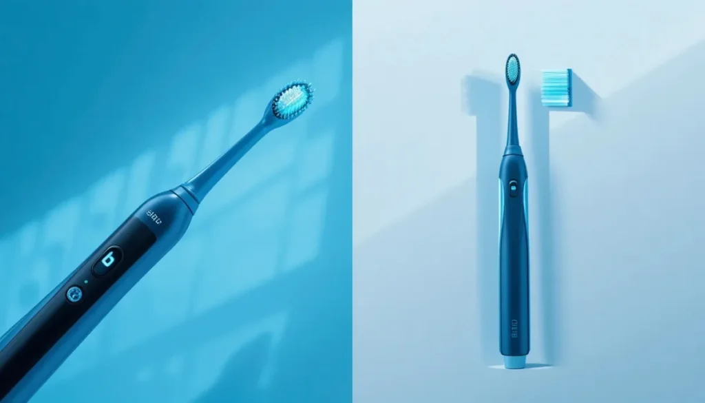 전동칫솔과 일반칫솔을 나란히 두고 비교하는 모습
