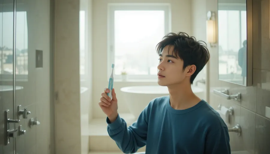 욕실에서 전동과 수동 칫솔을 비교하며 생각에 잠긴 모습