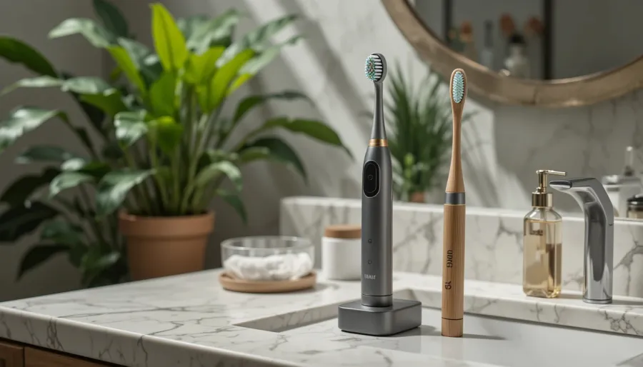 나란히 배치된 전동칫솔과 수동 칫솔 모습