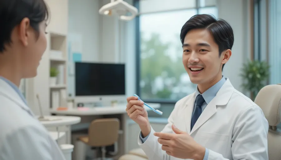 올바른 칫솔 사용법에 대해 안내하는 전문가의 모습