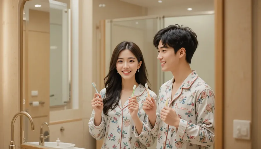 아침에 양치 후 밝게 웃고 있는 남녀 모습