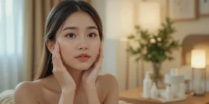 환절기 피부 관리하며 보습제를 바르는 모습