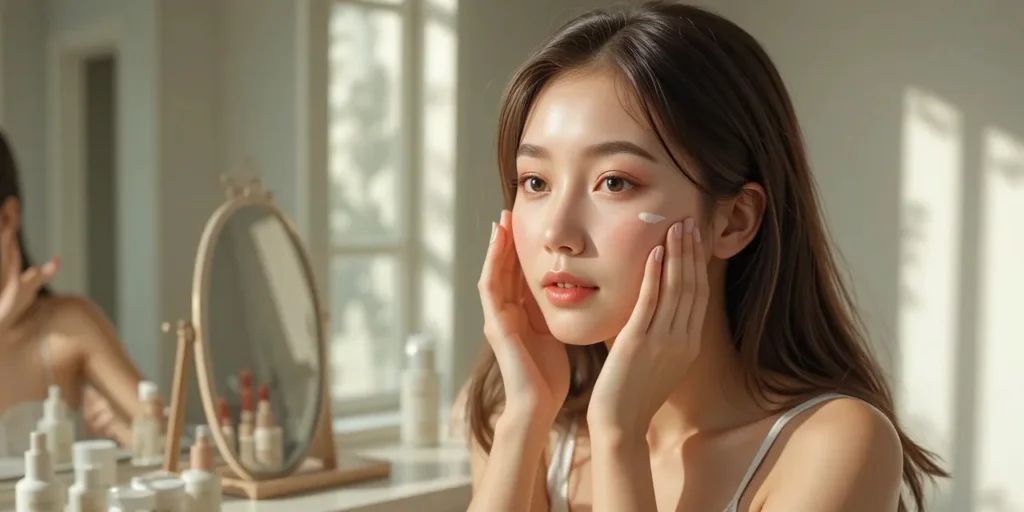 민감성 피부를 위해 외출 전 자외선 차단제를 바르는 모습