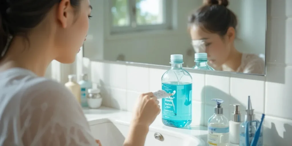 욕실에서 구강청결제를 사용하며 위생관리를 실천하는 모습