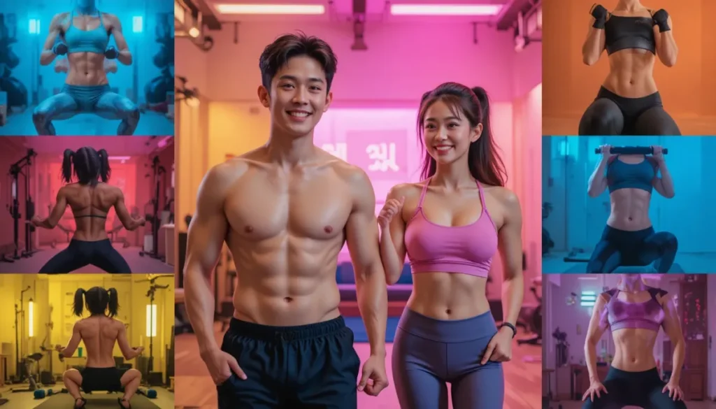 홈트 전용 복근 기구들과 운동하는 사람들 모습