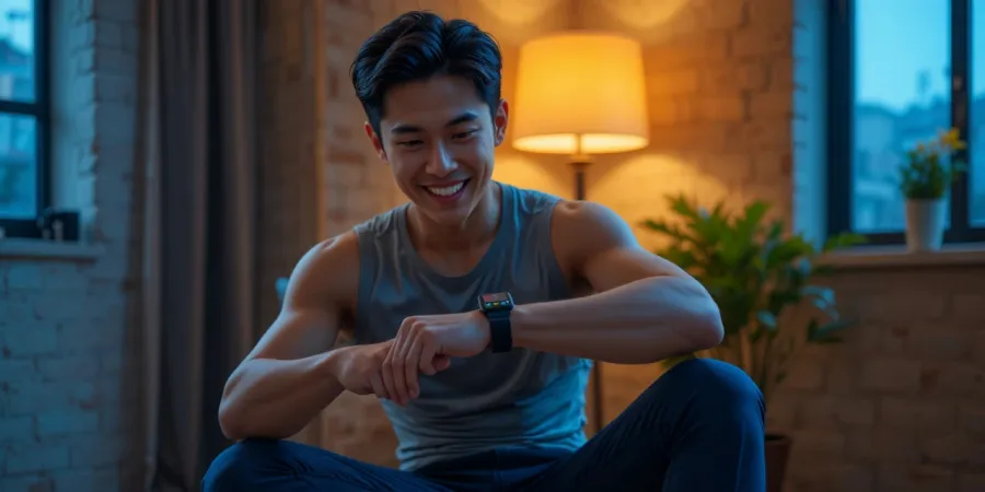 운동 후 시계를 보며 기록을 확인하며 웃는 남성의 모습