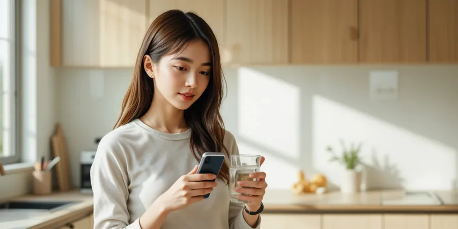 스마트폰으로 단식 시간을 확인하는 여성의 모습