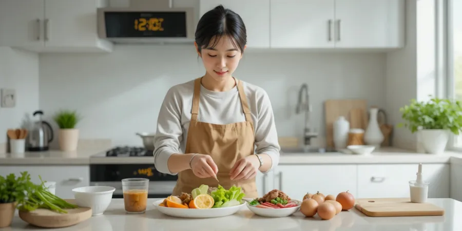 16:8 단식 후 균형 잡힌 식사를 준비하는 모습