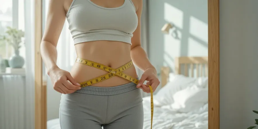 간헐적 단식 후 허리둘레 변화를 측정하는 여성의 모습