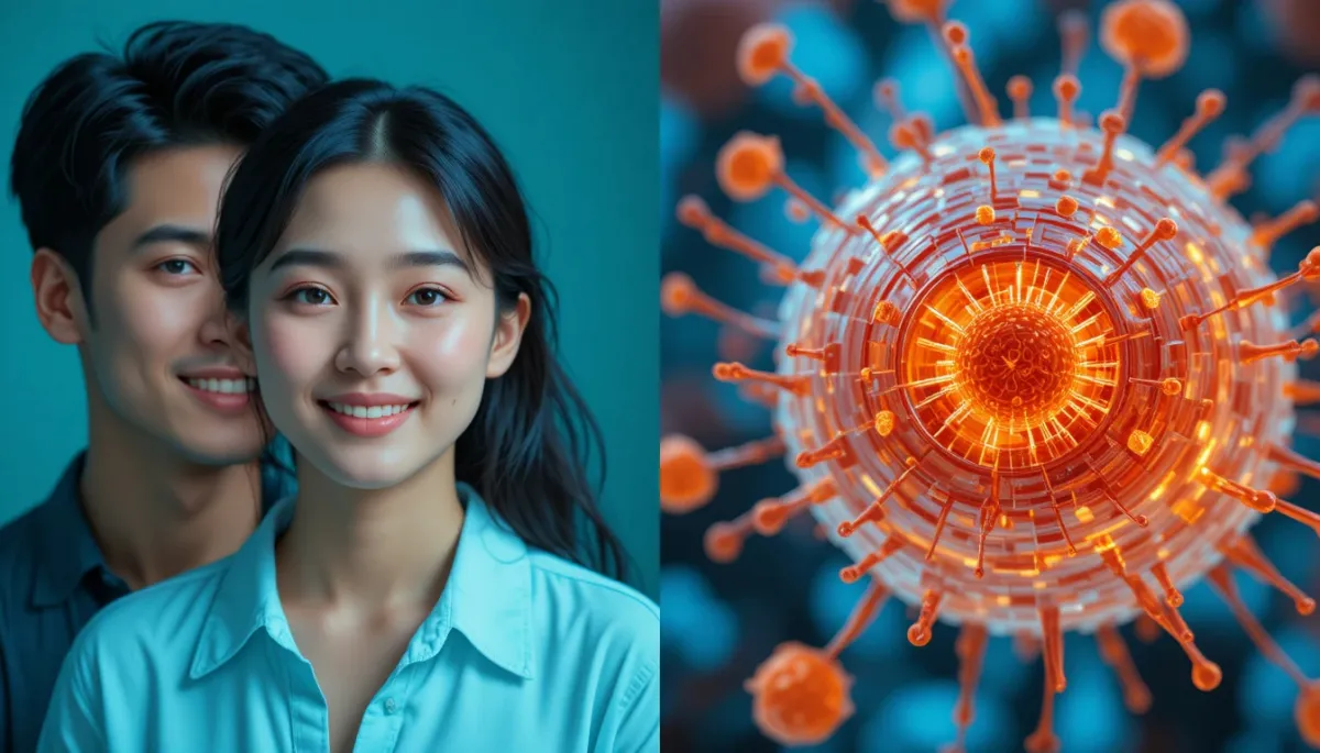 건강한 남녀의 모습과 세포 재생 이미지가 결합된 모습