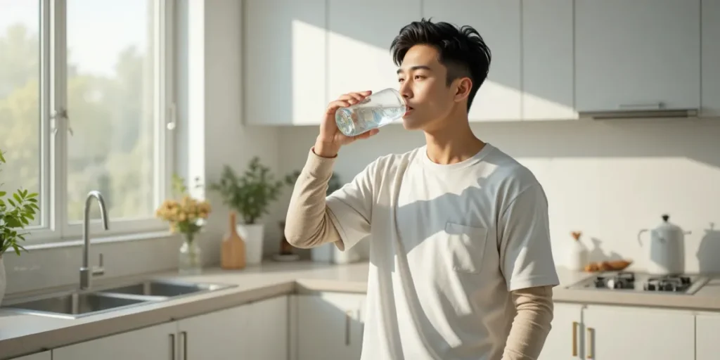 아침 햇살 아래 수분을 보충하는 남성의 모습