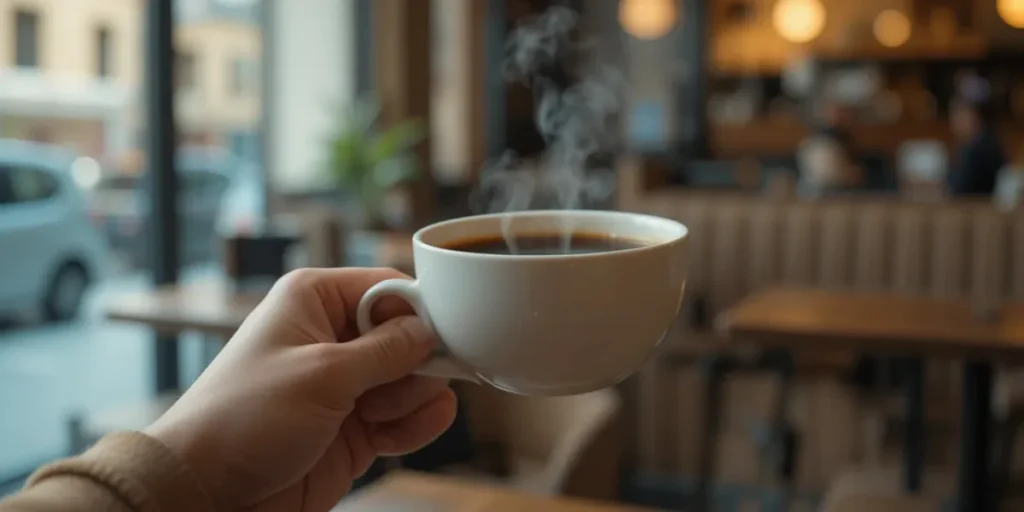 아늑한 카페에서 공복에 여유롭게 커피를 즐기는 모습