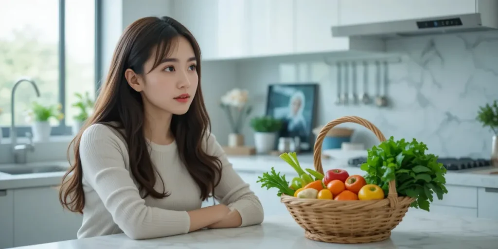 주방에서 시계를 보며 단식 종료 시간을 기다리는 모습