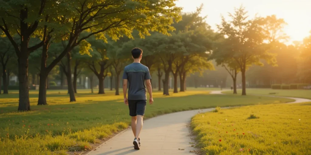 노을 지는 공원을 산책하는 남성의 건강한 모습