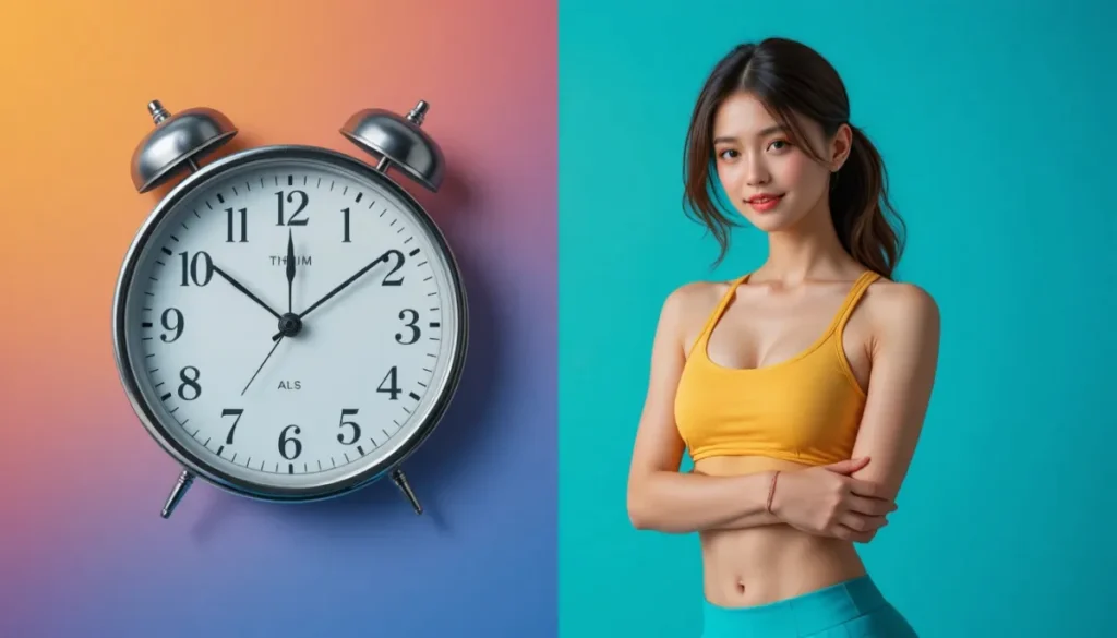 시계와 건강한 여성의 모습을 함께 보여주는 장면