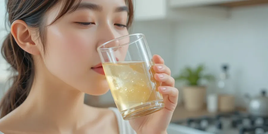 인슐린 수치를 낮추기 위해 공복에 따뜻한 물 한 잔을 마시는 여성 모습