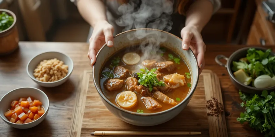 단식 후 위장에 무리가 가지 않는 사골국을 준비하는 모습