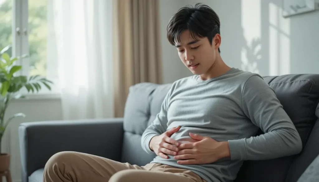 소파에 앉아 아랫배를 붙잡고 고통스러워하는 남성의 모습